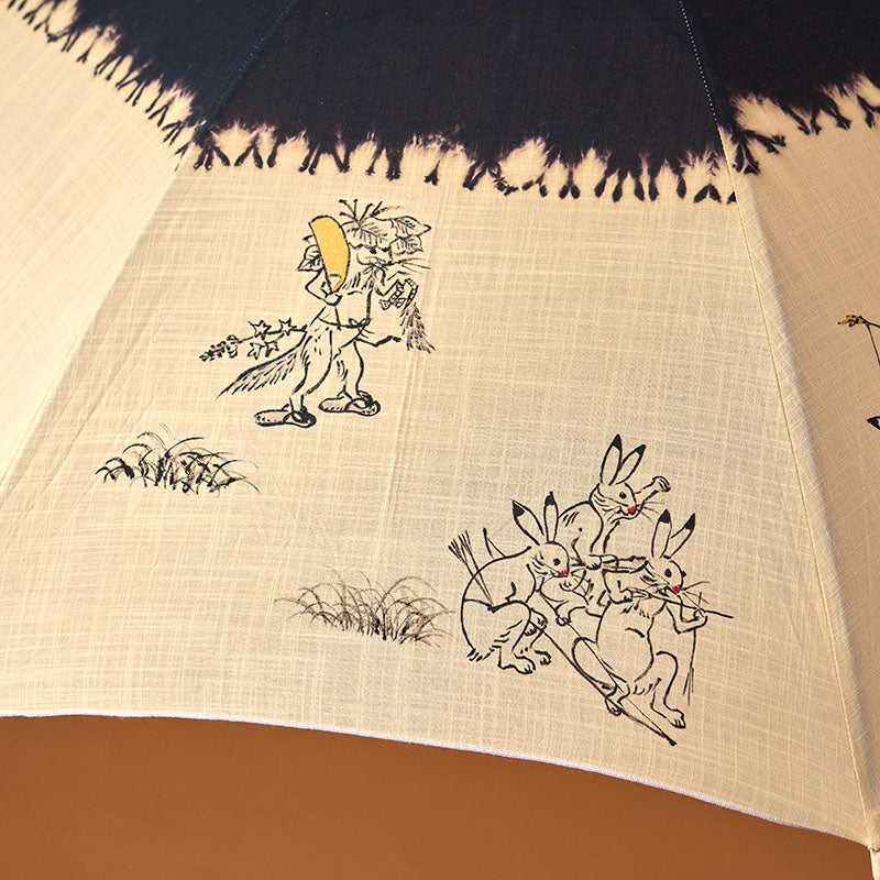 Hand-painted water-repellent parasol featuring Choju-giga (animal caricatures) A