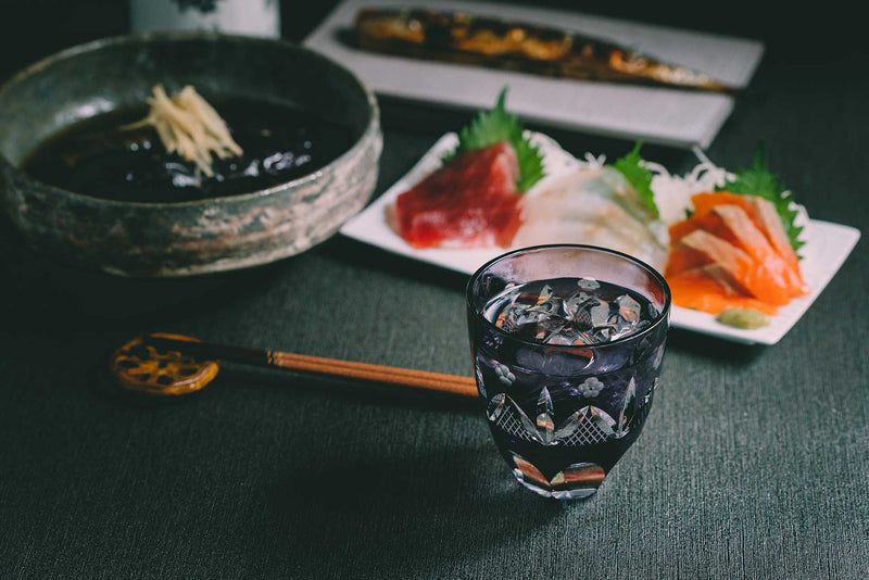 Edo Kiriko Round Rocks Glass "Shochikubai" in Paulownia Wood Box