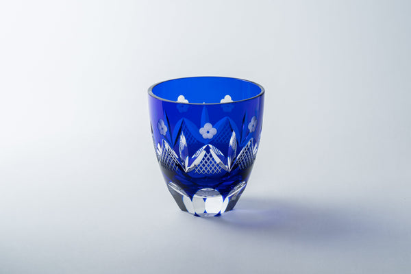 江戸切子　丸ロックグラス「松竹梅」桐箱入　瑠璃（ルリ）